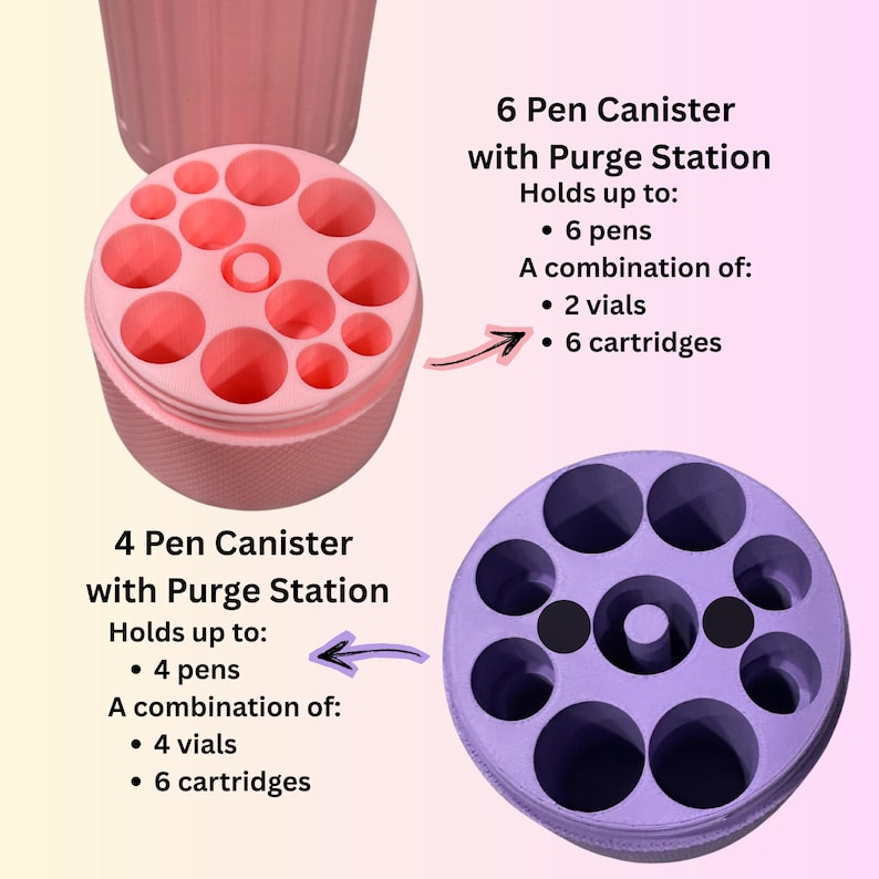 May include: Pink and purple pen canisters with purge stations. The pink canister holds up to 6 pens, 2 vials, and 6 cartridges. The purple canister holds up to 4 pens, 4 vials, and 6 cartridges. The canisters have multiple circular openings.