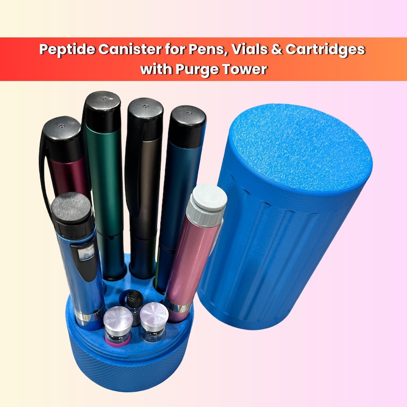 May include: A blue peptide canister with a purge tower, holding several pens and vials. The pens are various colors, including blue, green, and pink. The text "Peptide Canister for Pens, Vials & Cartridges with Purge Tower" is at the top.