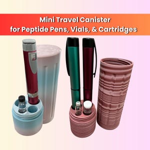 May include: Two cylindrical travel canisters for peptide pens, vials, and cartridges. One canister is blue and white with a red pen and vial. The other is pink with a green pen, a red pen, and two vials. Text reads: Mini Travel Canister for Peptide Pens, Vials, & Cartridges.