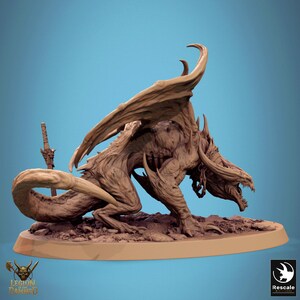 May include: A detailed brown dragon figurine with large wings, horns, and sharp teeth. The dragon is posed on a textured base, with a sword behind it. The figurine is a fantasy-themed collectible.