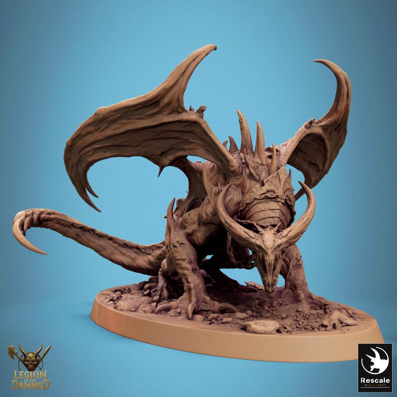 May include: A detailed brown dragon figurine with large wings, horns, and a long tail. The dragon is posed on a circular base. The image has a blue background. The figurine has the text "Legion Damned" and "Rescale" on the base.