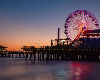 Santa Monica Pier Ferris Wheel at Sunset, California Photography Print