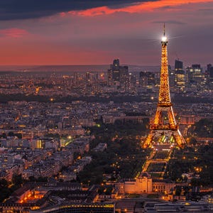 Eiffel Tower Illuminated Over Paris at Sunset, Aerial Fine Art Photography Print