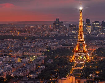 Eiffel Tower Illuminated Over Paris at Sunset, Aerial Fine Art Photography Print