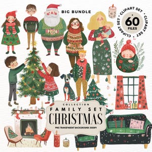 Op de afbeelding: Een digitale clipartset met 60 kerst-illustraties met een familie, een gedecoreerde kerstboom, een open haard, een bank, een raam, kaarsen en een baby in een sok. De illustraties zijn in cartoon-stijl met een aquareleffect.