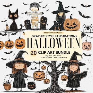 May include: A digital illustration featuring Halloween-themed clip art. The image includes pumpkins, bats, witches, a black cat, and other spooky characters. Text reads "Halloween 20 Clip Art Bundle" and "Free Commercial Use".