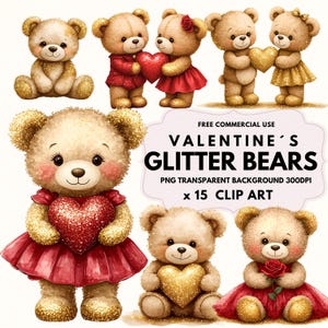 Valentines Day Clipart. Bears in love. Glitter. Clipart bunfle. Bears illustrations. Happy Valentine. Lovely Bears. Valentines Hearts