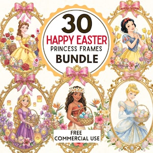 Easter Princess Frames Clipart Bundle – Cute Princess Easter PNG, Easter Frame Clipart, Pastel Spring Princess, Sublimation PNG, Invitations