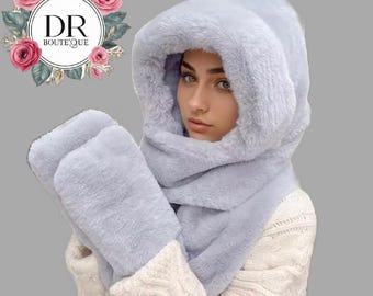 Plüsch-Kunstpelz-Kapuzenschal mit eingebauten Handschuhen - All-in-One-Winteraccessoire für Wärme, Komfort und Stil - Einheitsgröße