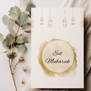 Pacote com 5 cartões Eid Mubarak para impressão | Download digital | 5x7 4x6 A6 | Cartões de felicitações islâmicos | Minimalista elegante | Lanternas | Neutro