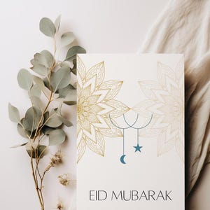 Pacote com 5 cartões Eid Mubarak para impressão | Download digital | 5x7 4x6 A6 | Cartões de felicitações islâmicos | Flores de mandala douradas, estrelas de lua de corda fofas