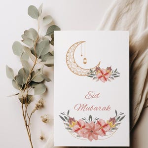 Pacote com 5 cartões Eid Mubarak para impressão | Download digital | 5x7 4x6 A6 | Cartões islâmicos de felicitações | Minimalista fofo | Lua crescente e flores