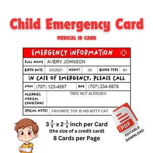 Cartão de emergência para crianças, cartão de segurança infantil, cartão de identificação médica, modelo PDF de cartão de informações de emergência editável e personalizável