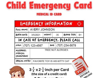 Kids Emergency Card, Child Safety Card, Medical ID card, Customizable Editable Emergency Information Card PDF Template