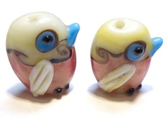 One (1) Opaque Lampwork Glass Bird Bead:  Aqua Blue, Pink, Tan, and Ivory- Lot UU