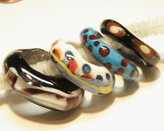 Four (4) Jumbo Lampwork Glass Ring Beads: Assorted Colors -- Lot 3W
