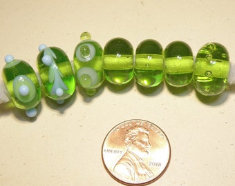 SALE 30% OFF --- Seven (7) Coordinating Lampwork Glass Rondelles: Spring Green and Pale Sky Blue -- Lot 4L