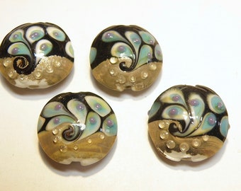 One (1) Black, Antique Gold, and Peacock Feather Swirl Lentil Lampwork Bead - Lot UU