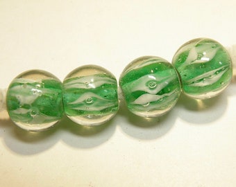 Choose Quantity --  Lampwork Boro Glass Beads: Medium Green with White Flame Design --- Lot UU