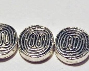Eight (8) Coin-Shaped Pewter Silver Beads with Spiral Design