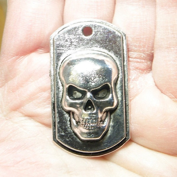 One (1) Large Pewter Silver Skull Dog Tag Pendant