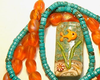 Focal Rose Bud Floral Lampwork Glass Bead ~ Lime and Fushia ~ Handcrafted