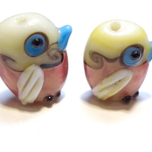 Two (2) Opaque Lampwork Glass Bird Beads: Aqua Blue, Pink, Tan, and Ivory- Lot UU