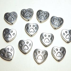 BACK IN STOCK after 2 years --- 10 Pewter Paw Print Heart Spacer Beads