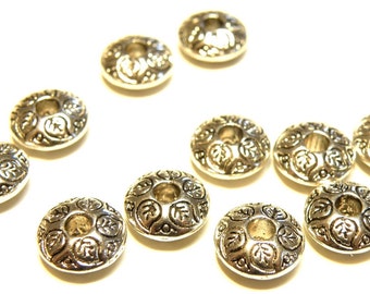 12 Pewter Saucer Spacer Beads with Leaf Design