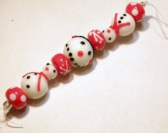 Lot UU DESTASH Seven Coordinating Red and White Snowman and Snowflake Lampwork Beads