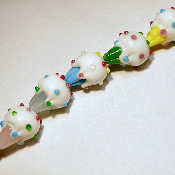 Set of Five Lampwork Cupcake Ice Cream Cone Beads: Assorted Colors - Lot UU