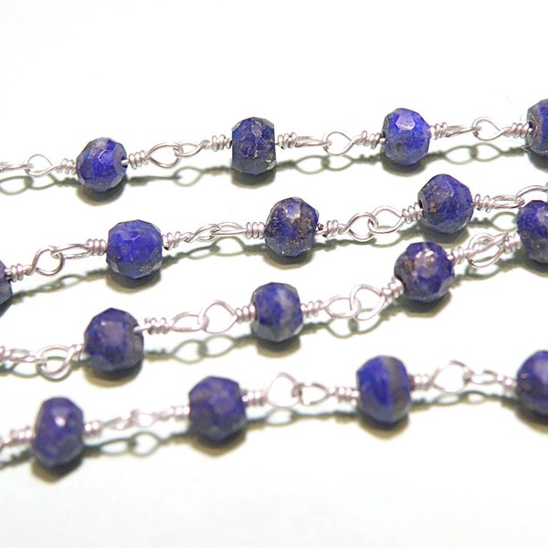 Sterling Silver-Plated Rosary Chain with Faceted Lapis Lazuli Rondelle Beads -- Sold in Six Inch Increments -- Lot TT