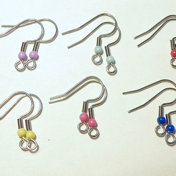 Six (6) Pairs Stainless Steel Earring Hooks with 2-mm Plastic Bead Accent - Random Mix -- LOT UU