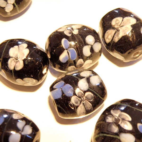 40% OFF -- DESTASH -- Two (2) Very Large Barrel-Shaped Focal Bead: Black with Shades of Pink and Blue Flowers -- Lot RR