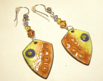 Sterling Silver, Swarovski Crystal,  and Copper Enamel Charm Earrings: Earth Tones