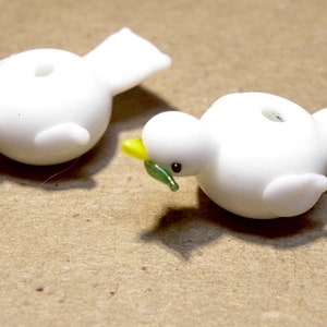 Two (2) White Lampwork Glass Dove with Olive Branch Beads  --  Lot UU