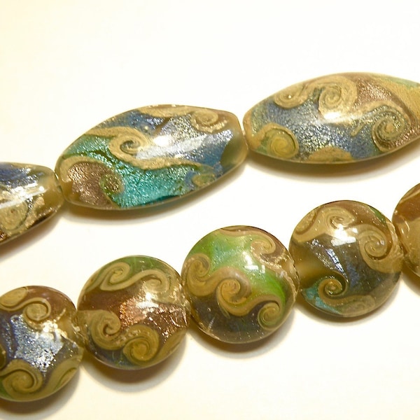 Cobalt Blue, Teal Green, Mauve, and Antique Gold Lampwork Glass Beads with Silver Foil -- Choose Shape-- Lot UU