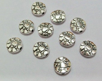 10 Coin-Shaped Heart Design Pewter Silver Beads