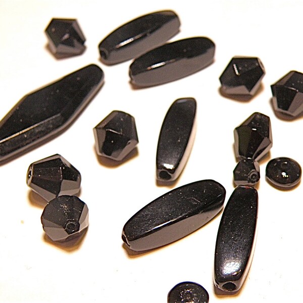 16 Vintage Black Glass Beads - Assorted Shapes and Sizes - Lot E