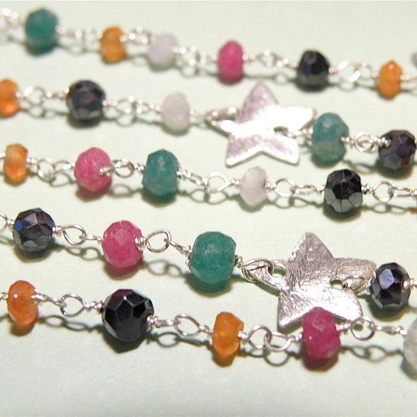 Sterling Silver-Plated Rosary Chain with Faceted Mixed Gemstone Rondelle Beads and Stars -- Sold in Six Inch Increments -- Lot TT