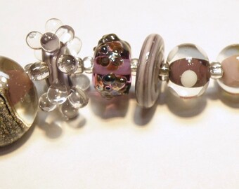 Coordinating Set of Seven (7) Bumpy Lampwork Borosilicate Beads: White and Shades of Purple -- Lot 4V