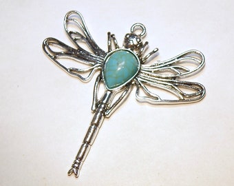 One (1) Very Large Imitation Turquoise and Pewter Silver Dragonfly Pendant