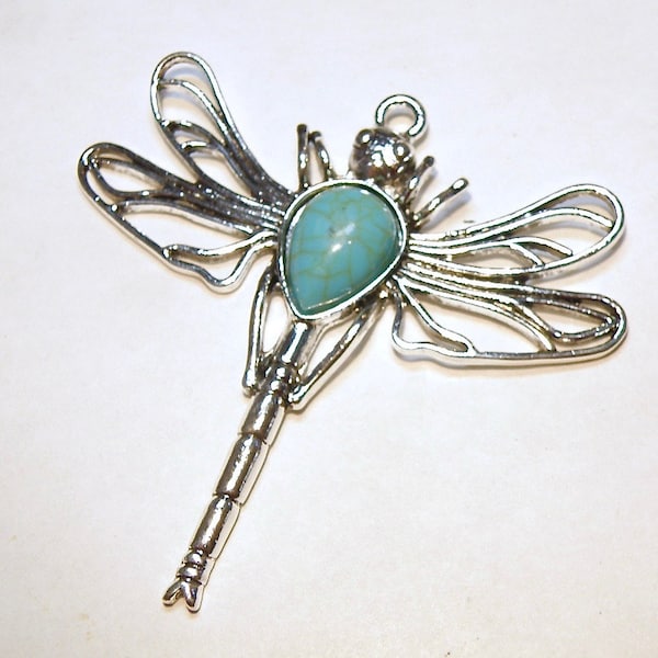 One (1) Very Large Imitation Turquoise and Pewter Silver Dragonfly Pendant