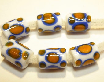 DESTASH -- Six (6) Opaque White Fat Tube Glass Beads with Royal Blue and Orange Spots -- Lot UU