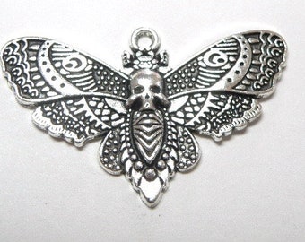 Two (2) Large Silvertone Skull Skeleton Moth Butterfly Charms -- Lot UU