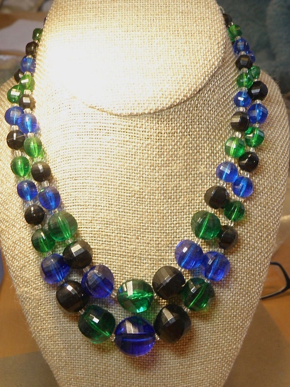 Vintage West Germany Two-Strand Black, Emerald Gr… - image 1