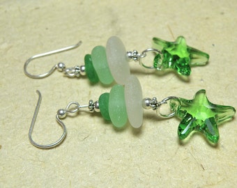 Shades of Green and White Genuine Beach Glass and Swarovski Starfish Sterling Earrings