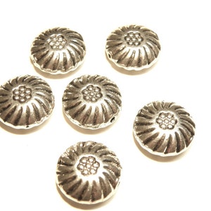 Six (6) Pewter Ornate Southwestern-Style Puffy Sunflower Beads