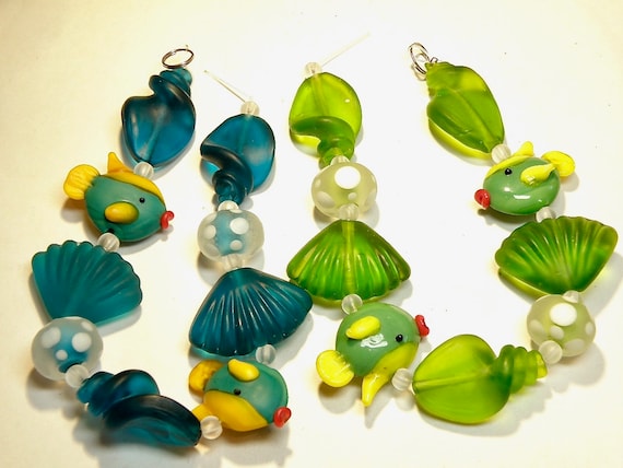 8" Strand Coordinating Medium Green Frosted Lampwork Glass Beads: Fish and Ocean Theme --- Lot 5H