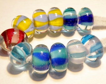 DESTASH -- 11 Assorted Colors Borosilicate Lampwork Glass Striped Larger Rondelle Beads -- Lot UU
